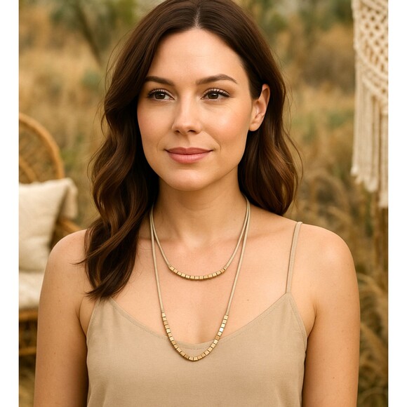 J Jill Gold Tone Square Bead Double Strand Cord Necklace Long Layered Adjustable - Picture 1 of 11